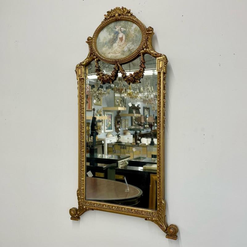 French Neoclassical Style Giltwood Wall / Console Mirror with Oval Artwork - 4
