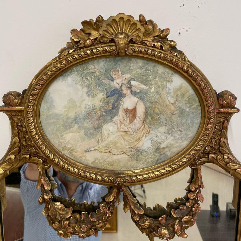 French Neoclassical Style Giltwood Wall / Console Mirror with Oval Artwork - 5