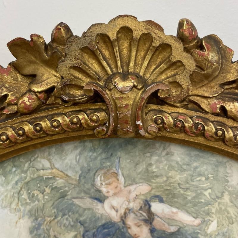 French Neoclassical Style Giltwood Wall / Console Mirror with Oval Artwork - 7
