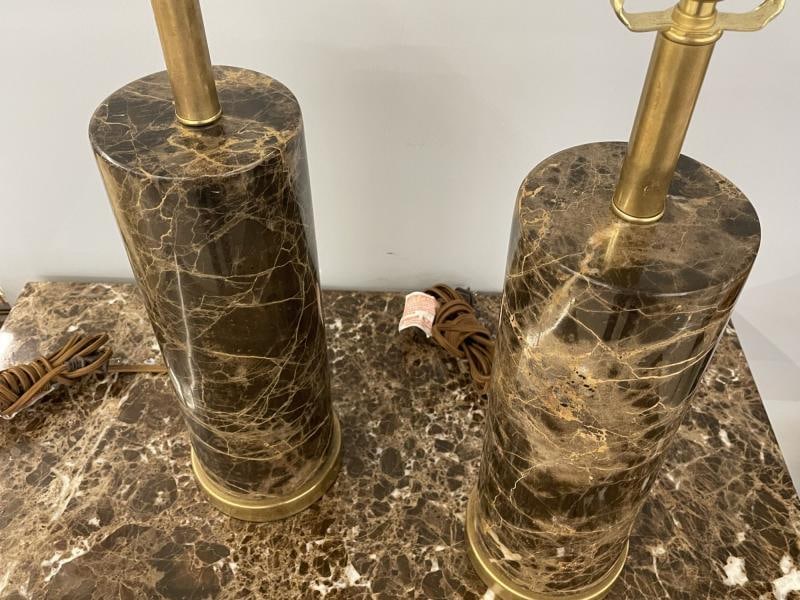 Pair of Modern Solid Marble Cylindrical Table Lamps, Brass Base, Single Bulb - 10