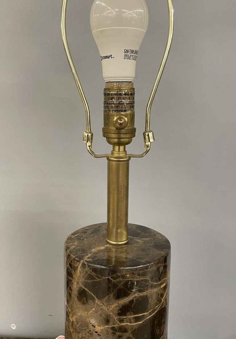 Pair of Modern Solid Marble Cylindrical Table Lamps, Brass Base, Single Bulb - 11