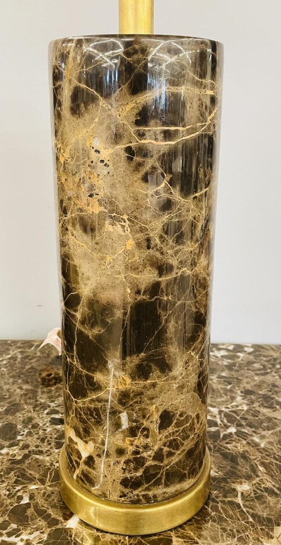 Pair of Modern Solid Marble Cylindrical Table Lamps, Brass Base, Single Bulb - 12