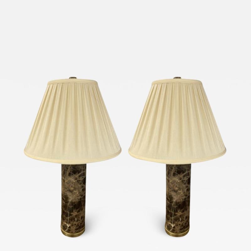 Pair of Modern Solid Marble Cylindrical Table Lamps, Brass Base, Single Bulb (1 of 12)