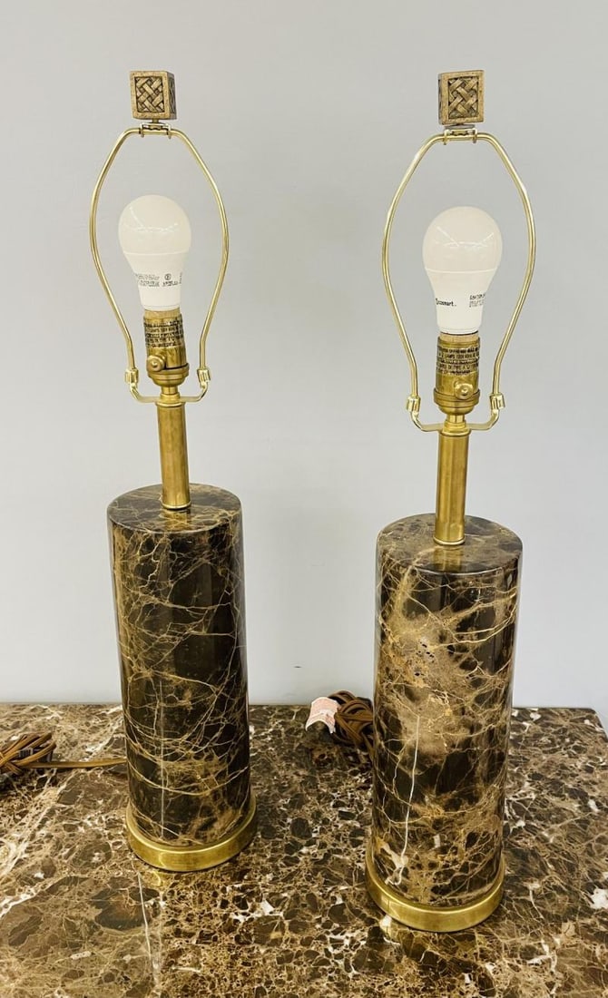 Pair of Modern Solid Marble Cylindrical Table Lamps, Brass Base, Single Bulb - 2