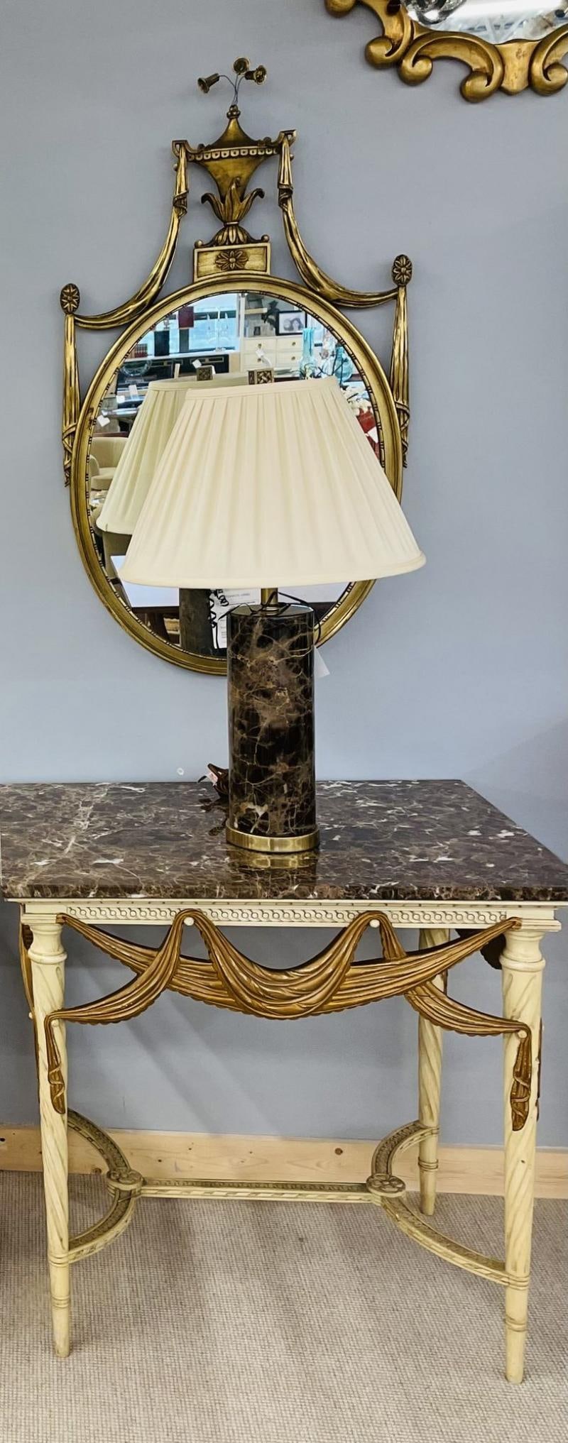 Pair of Modern Solid Marble Cylindrical Table Lamps, Brass Base, Single Bulb - 3