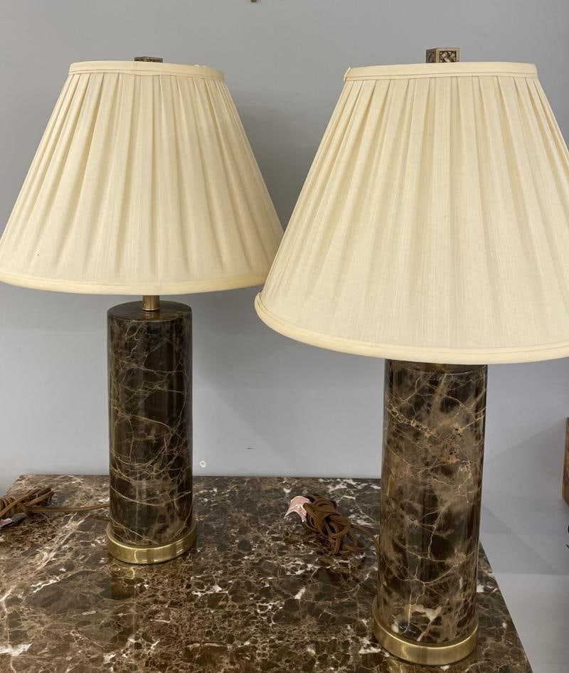 Pair of Modern Solid Marble Cylindrical Table Lamps, Brass Base, Single Bulb - 4