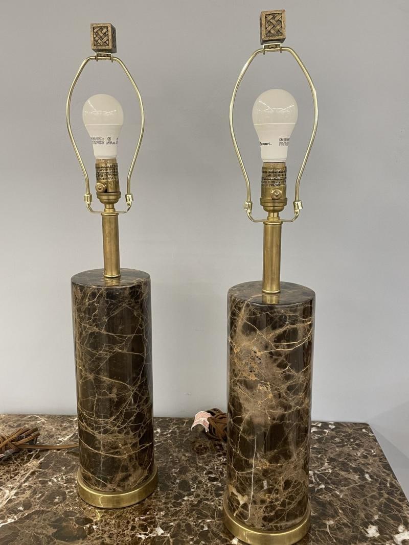 Pair of Modern Solid Marble Cylindrical Table Lamps, Brass Base, Single Bulb - 5