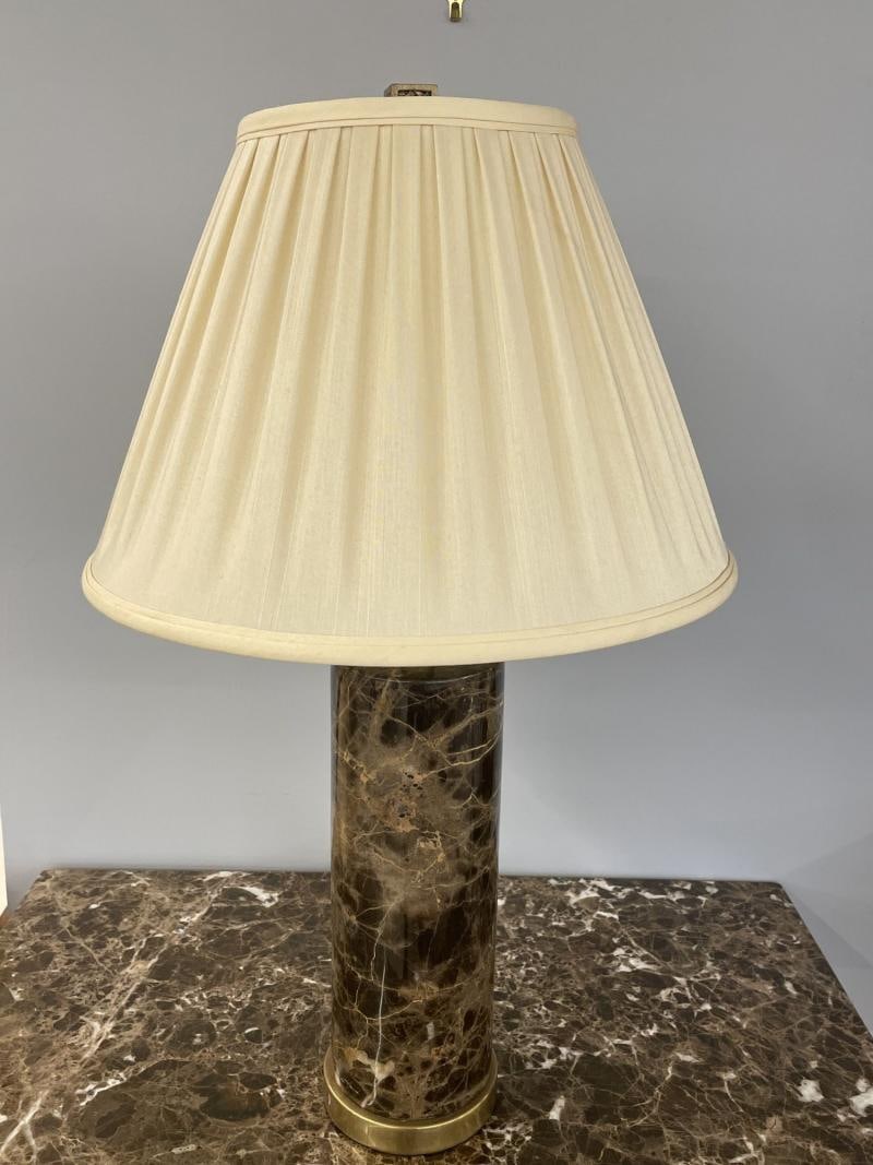 Pair of Modern Solid Marble Cylindrical Table Lamps, Brass Base, Single Bulb - 7