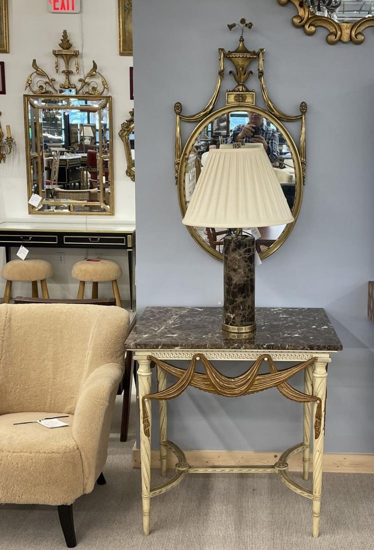 Pair of Modern Solid Marble Cylindrical Table Lamps, Brass Base, Single Bulb - 8