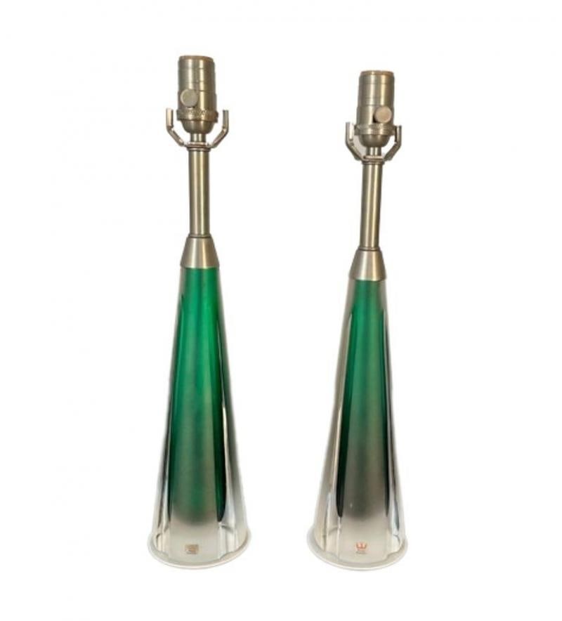 Pair of Swedish Mid-Century Modern Jade Green Kosta Lamps, Perfume Bottle Shape - 2