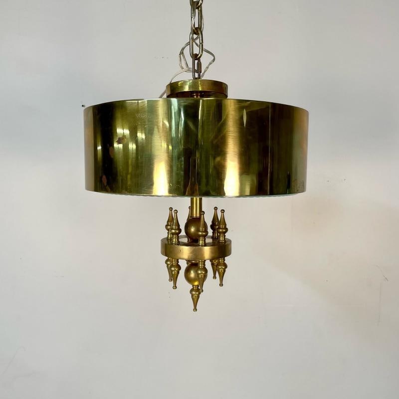 Small Hollywood Regency Style Brass Pendant / Chandelier, Starburst Etched Glass - 2