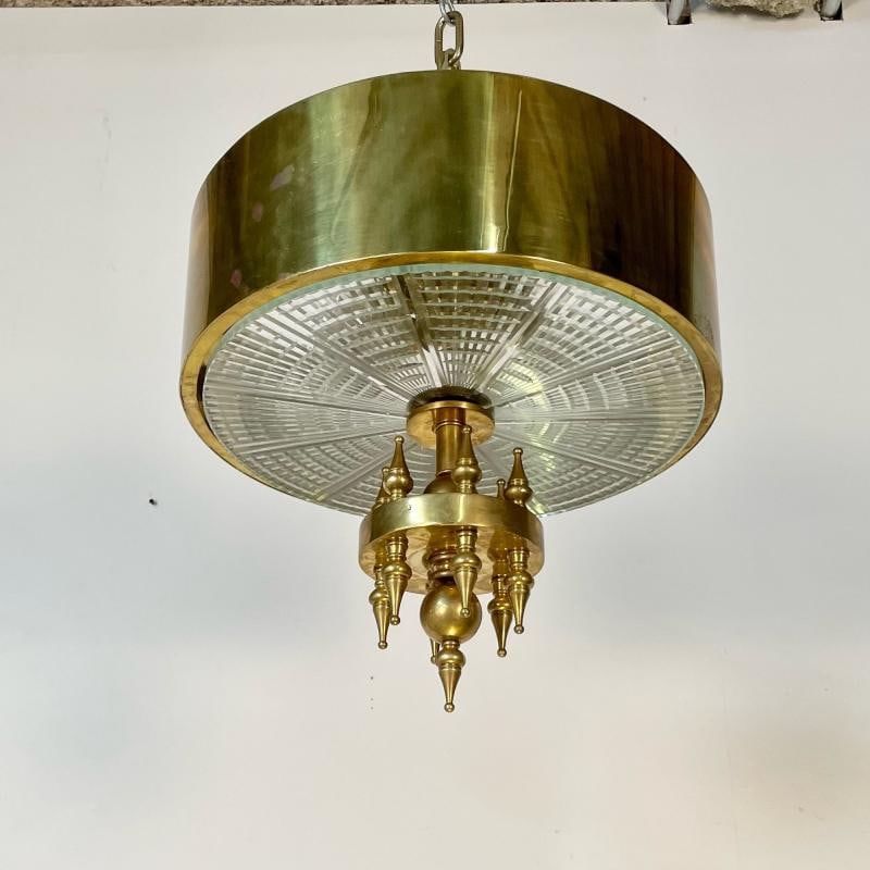 Small Hollywood Regency Style Brass Pendant / Chandelier, Starburst Etched Glass - 3
