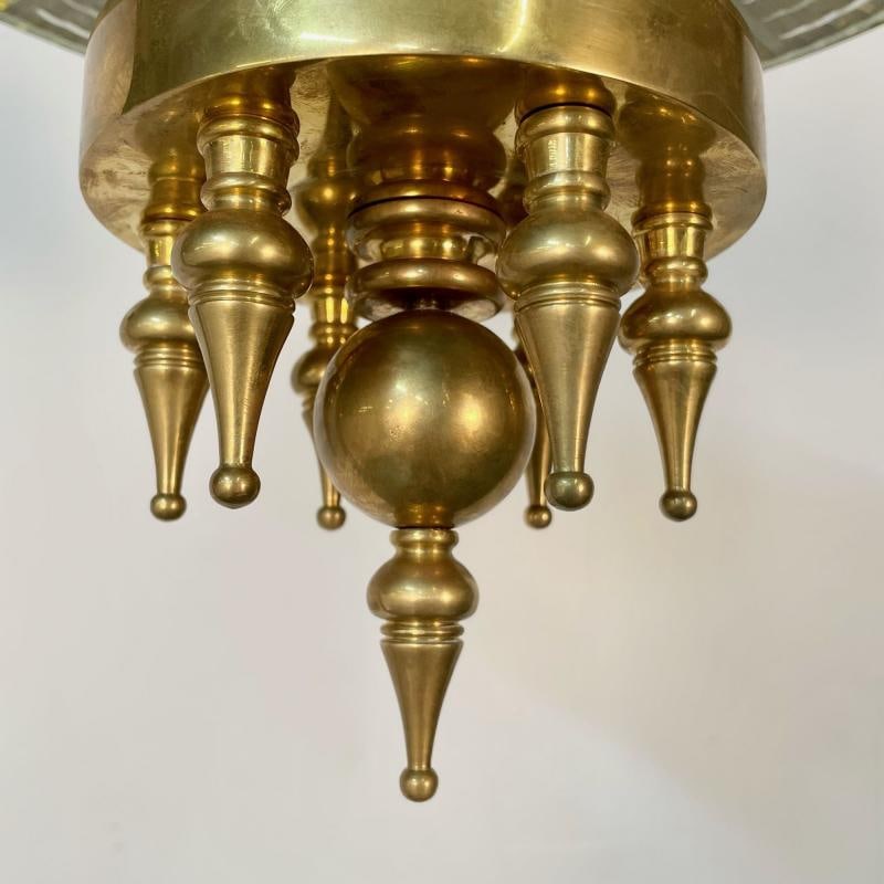 Small Hollywood Regency Style Brass Pendant / Chandelier, Starburst Etched Glass - 4