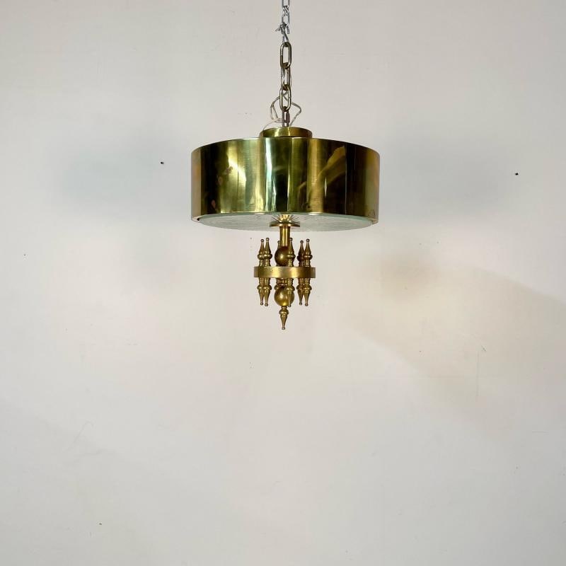 Small Hollywood Regency Style Brass Pendant / Chandelier, Starburst Etched Glass - 5