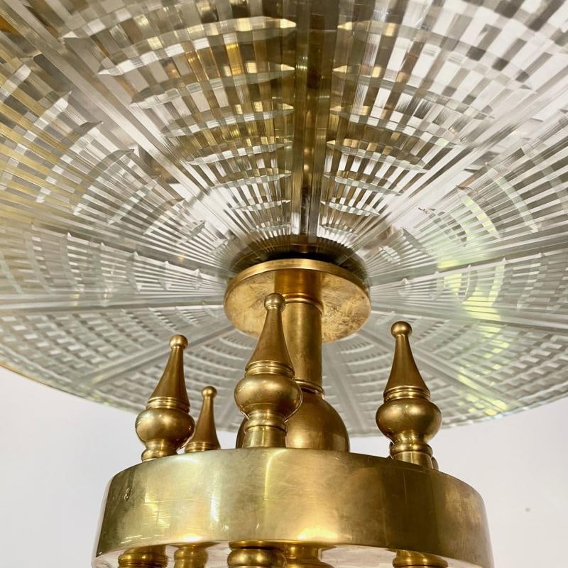 Small Hollywood Regency Style Brass Pendant / Chandelier, Starburst Etched Glass - 6