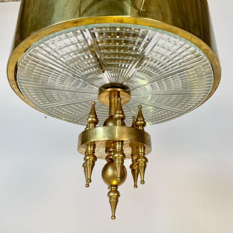 Small Hollywood Regency Style Brass Pendant / Chandelier, Starburst Etched Glass - 7