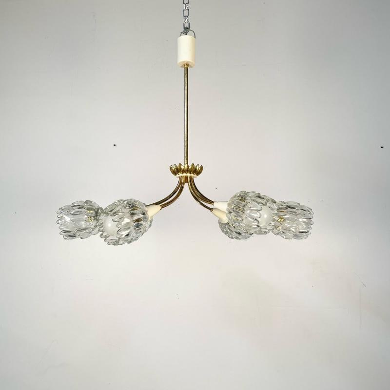 Italian Mid-Century Modern Six Light Brass Pendant / Chandelier, Textured Glass - 2