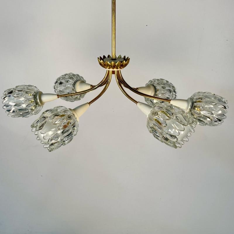 Italian Mid-Century Modern Six Light Brass Pendant / Chandelier, Textured Glass - 3