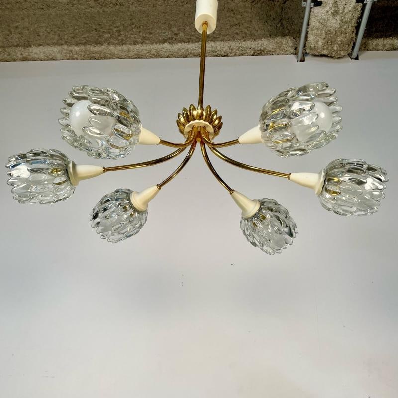 Italian Mid-Century Modern Six Light Brass Pendant / Chandelier, Textured Glass - 4