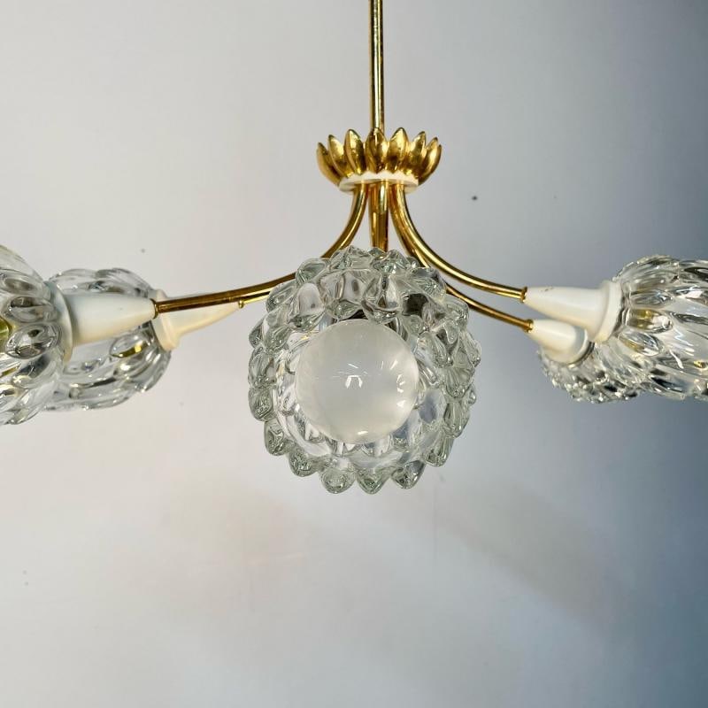 Italian Mid-Century Modern Six Light Brass Pendant / Chandelier, Textured Glass - 5