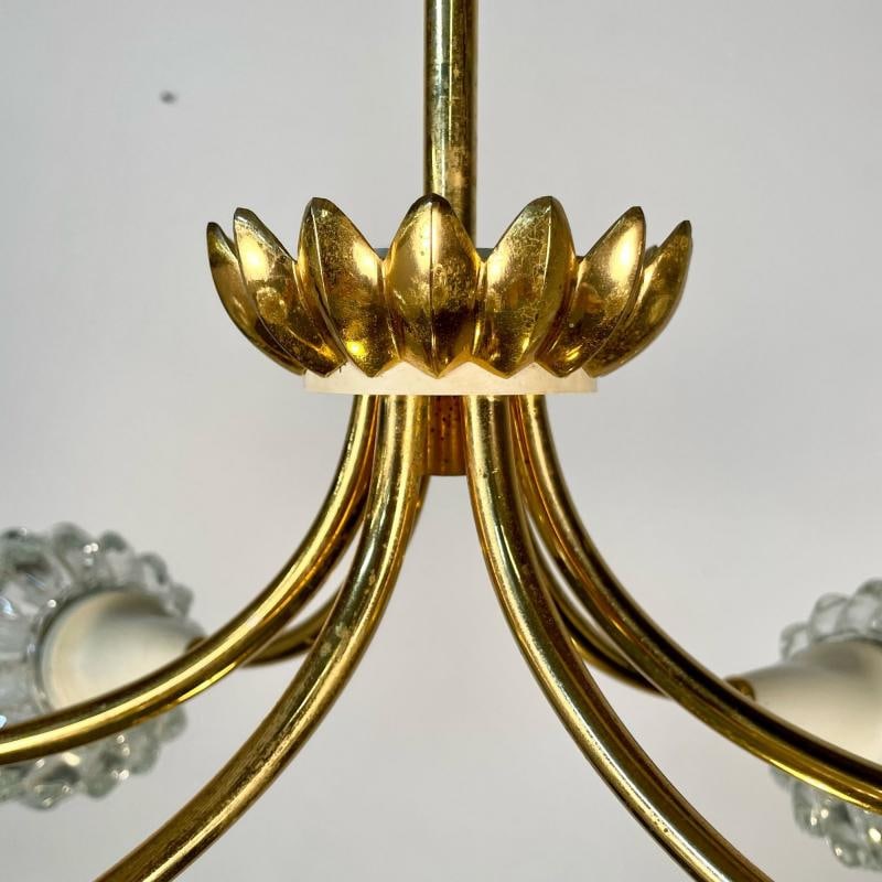 Italian Mid-Century Modern Six Light Brass Pendant / Chandelier, Textured Glass - 6