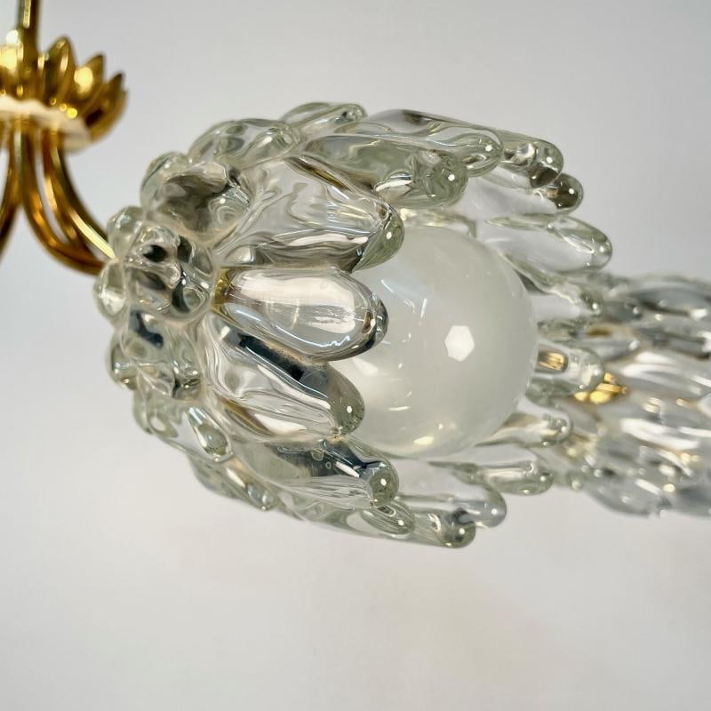 Italian Mid-Century Modern Six Light Brass Pendant / Chandelier, Textured Glass - 7
