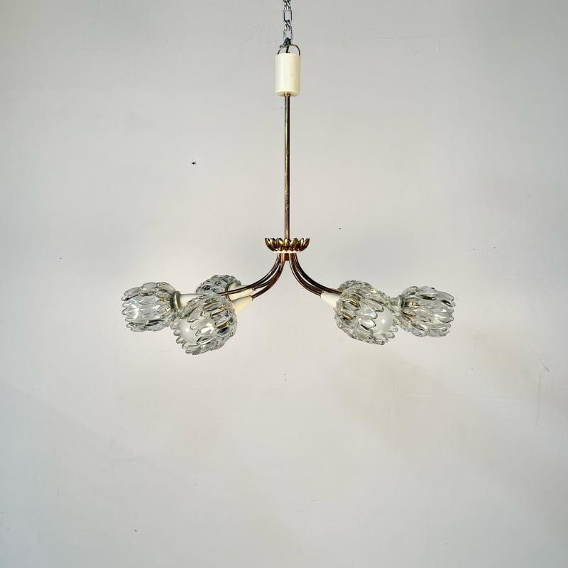 Italian Mid-Century Modern Six Light Brass Pendant / Chandelier, Textured Glass - 8
