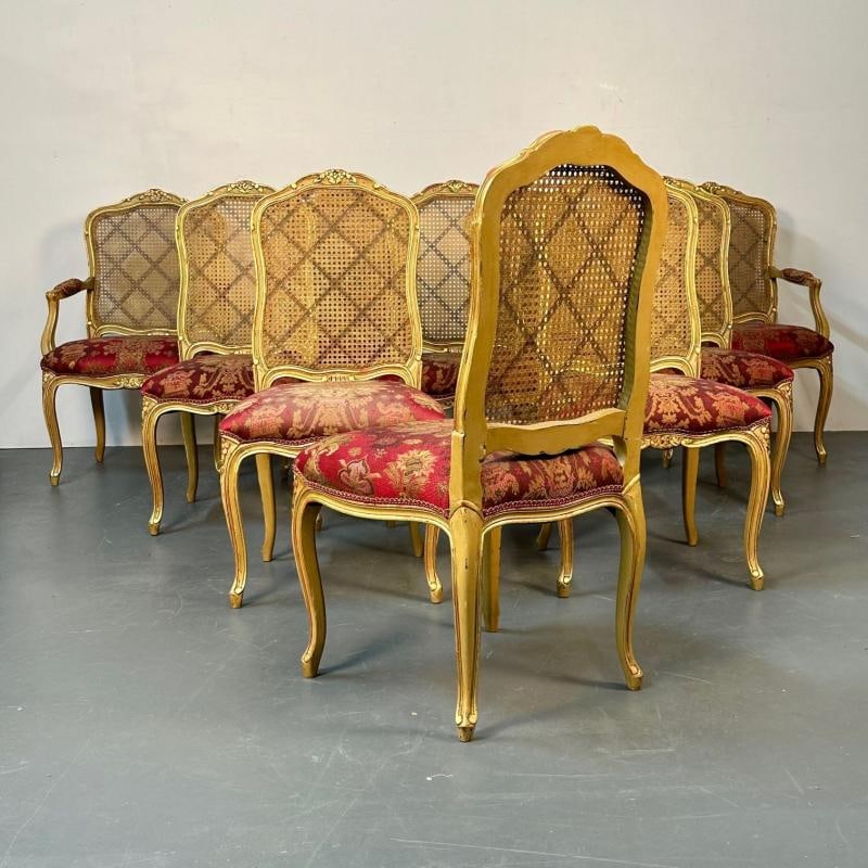 Set of Ten Louis XV Style Dining / Side Chairs, Clayed Gilt and Cane, French - 3
