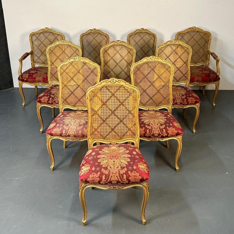 Set of Ten Louis XV Style Dining / Side Chairs, Clayed Gilt and Cane, French - 4