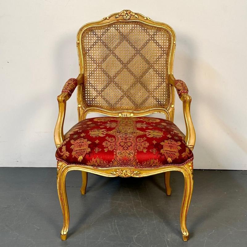 Set of Ten Louis XV Style Dining / Side Chairs, Clayed Gilt and Cane, French - 8