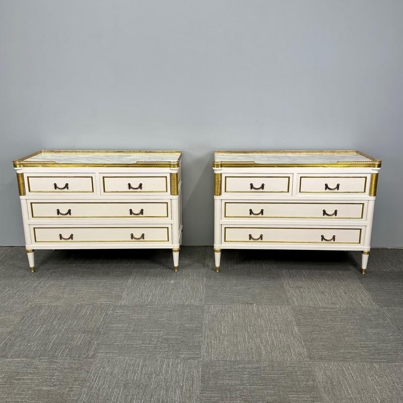 Maison Jansen Style, Louis XVI, Hollywood Regency, White Commodes, Marble Top - 2