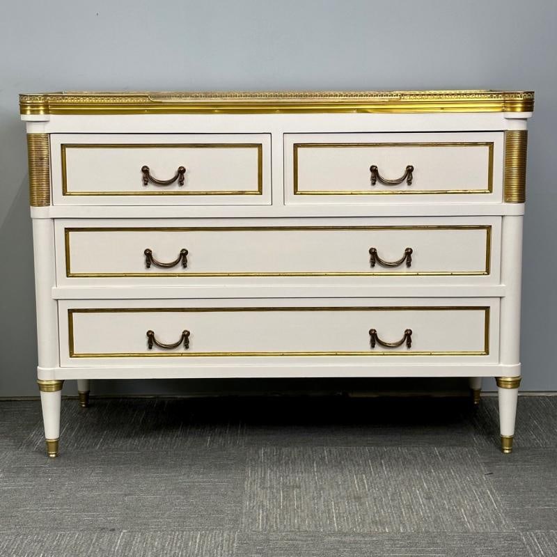 Maison Jansen Style, Louis XVI, Hollywood Regency, White Commodes, Marble Top - 3