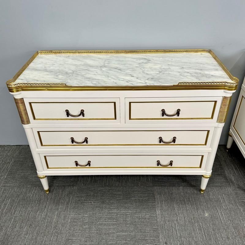 Maison Jansen Style, Louis XVI, Hollywood Regency, White Commodes, Marble Top - 4