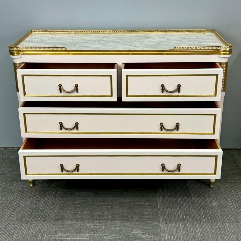 Maison Jansen Style, Louis XVI, Hollywood Regency, White Commodes, Marble Top - 5