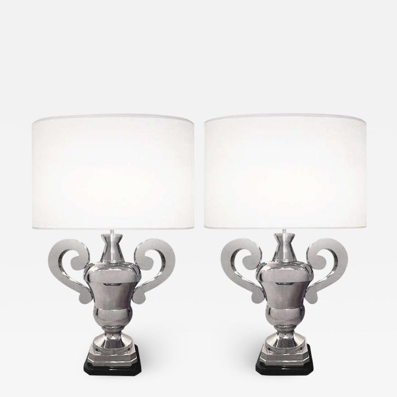 Pair of Hollywood Regency Polished Nickel Table Lamps, Large Urns (1 of 11)