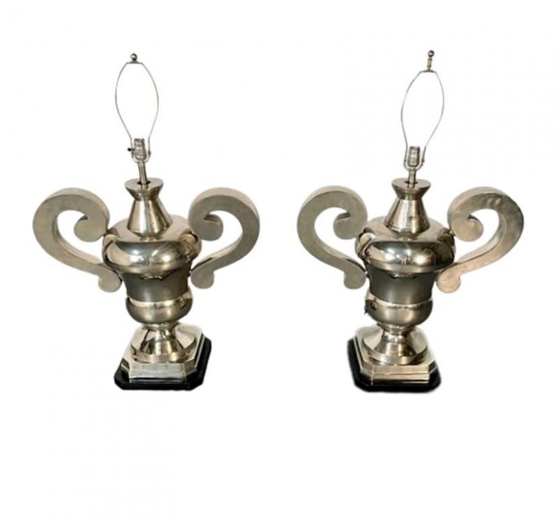 Pair of Hollywood Regency Polished Nickel Table Lamps, Large Urns - 2