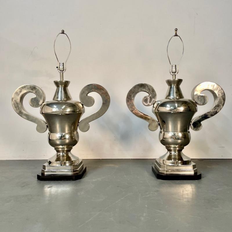 Pair of Hollywood Regency Polished Nickel Table Lamps, Large Urns - 4