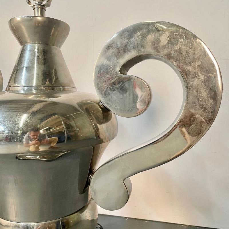 Pair of Hollywood Regency Polished Nickel Table Lamps, Large Urns - 7