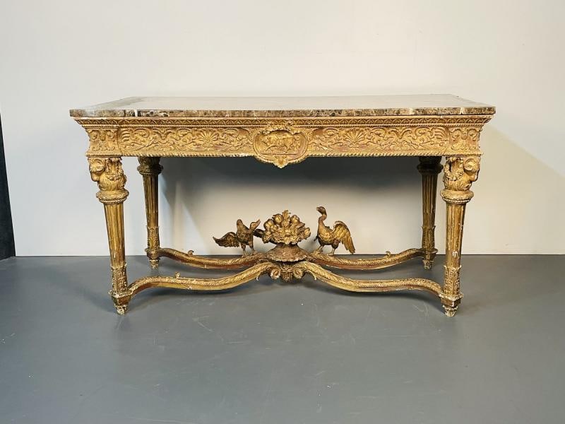 Italian Louis XVI Style Giltwood Console / Center Table, Hand Carved, Figural - 5