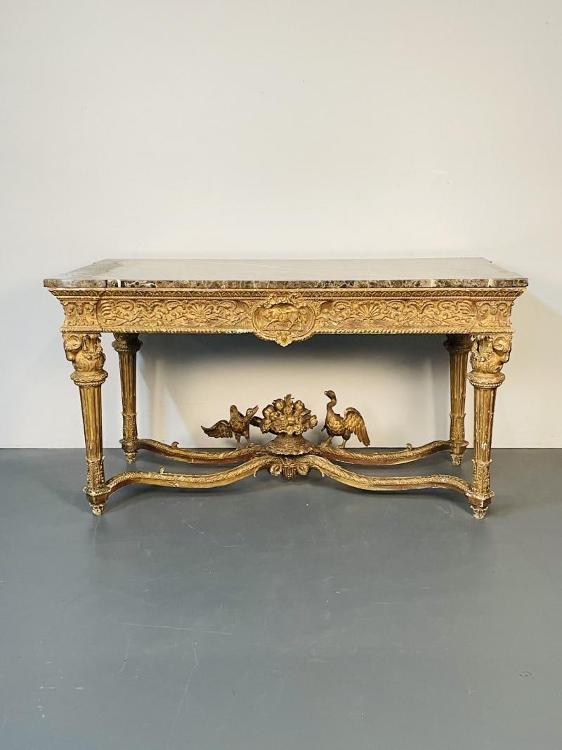 Italian Louis XVI Style Giltwood Console / Center Table, Hand Carved, Figural - 6