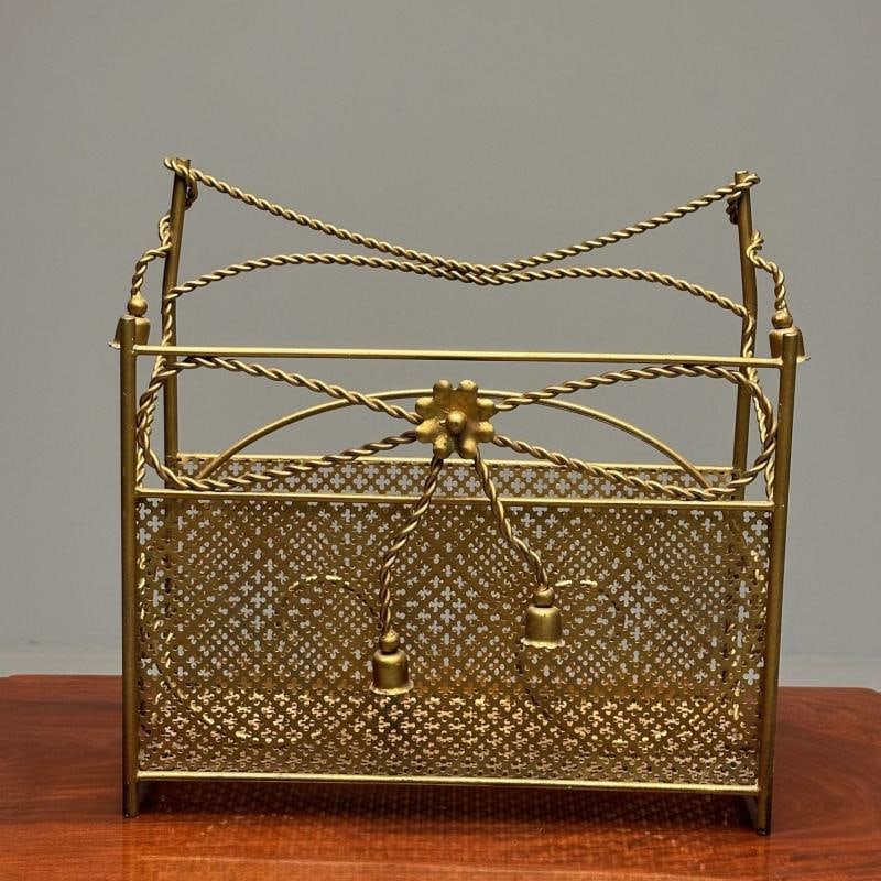 Hollywood Regency Gilt Bronze Magazine Rack, Rope an Tassel Form - 12
