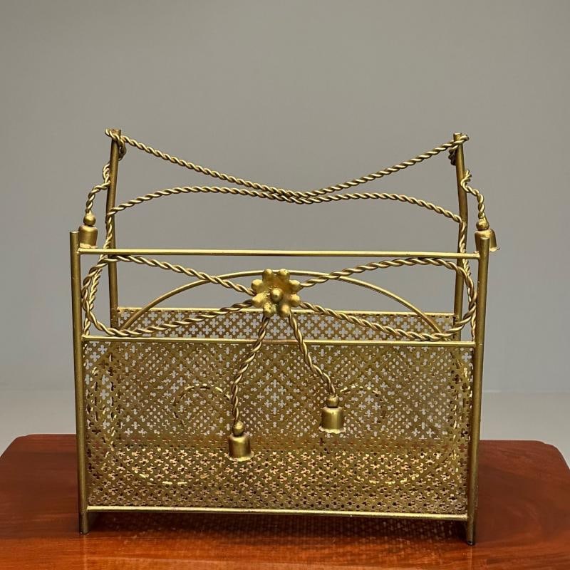 Hollywood Regency Gilt Bronze Magazine Rack, Rope an Tassel Form - 2