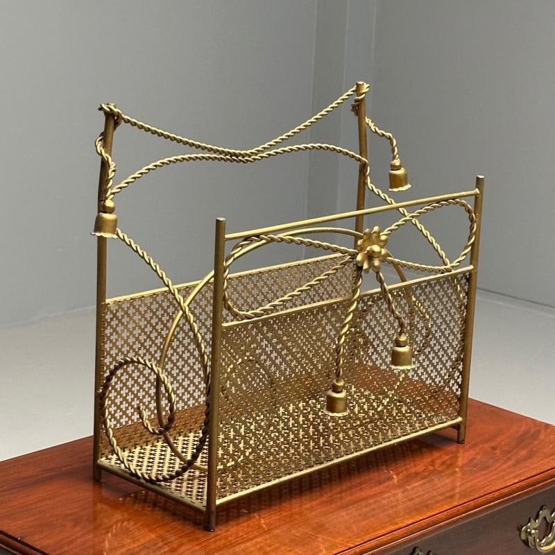 Hollywood Regency Gilt Bronze Magazine Rack, Rope an Tassel Form - 3