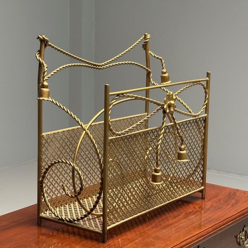 Hollywood Regency Gilt Bronze Magazine Rack, Rope an Tassel Form - 8