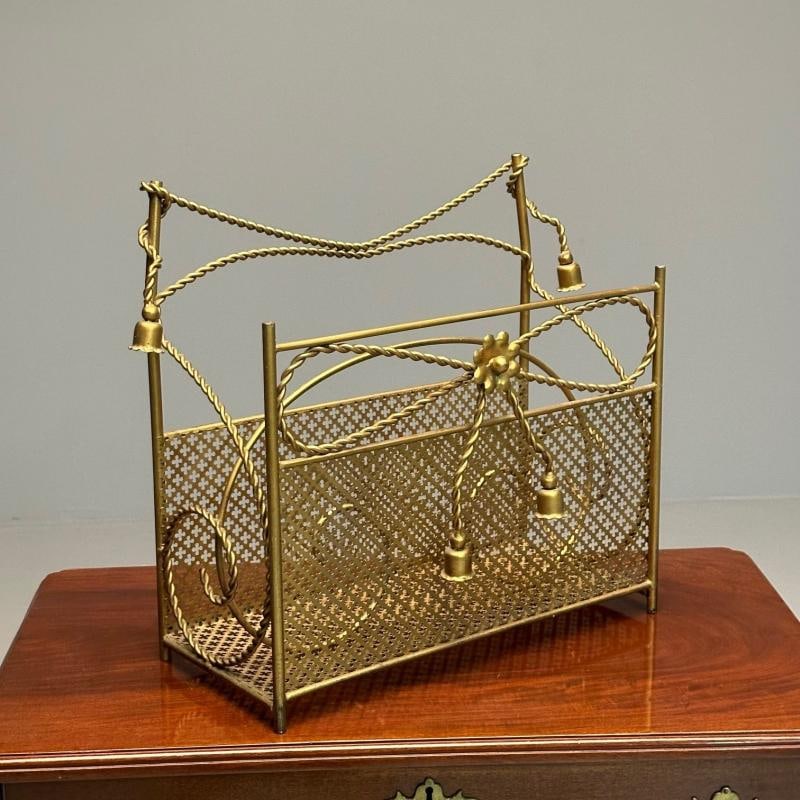 Hollywood Regency Gilt Bronze Magazine Rack, Rope an Tassel Form - 9