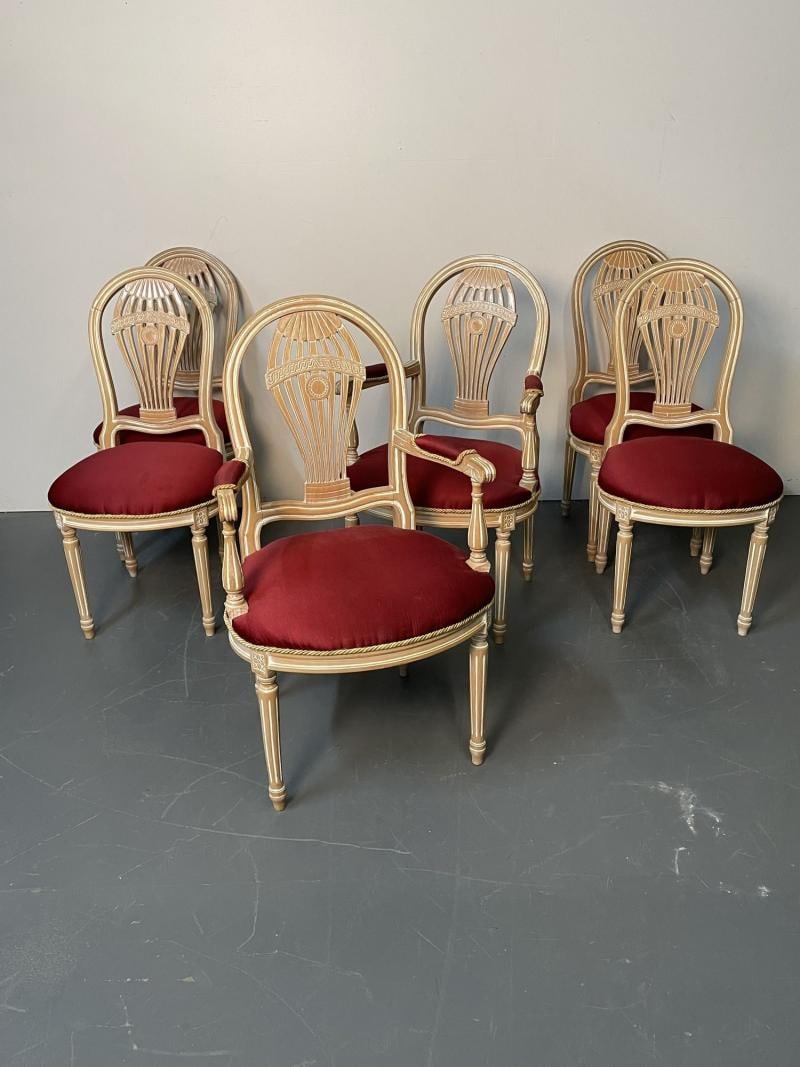 Six Louis XVI Maison Jansen Style Bleached Balloon Back Dining Chairs, Whitewash - 4