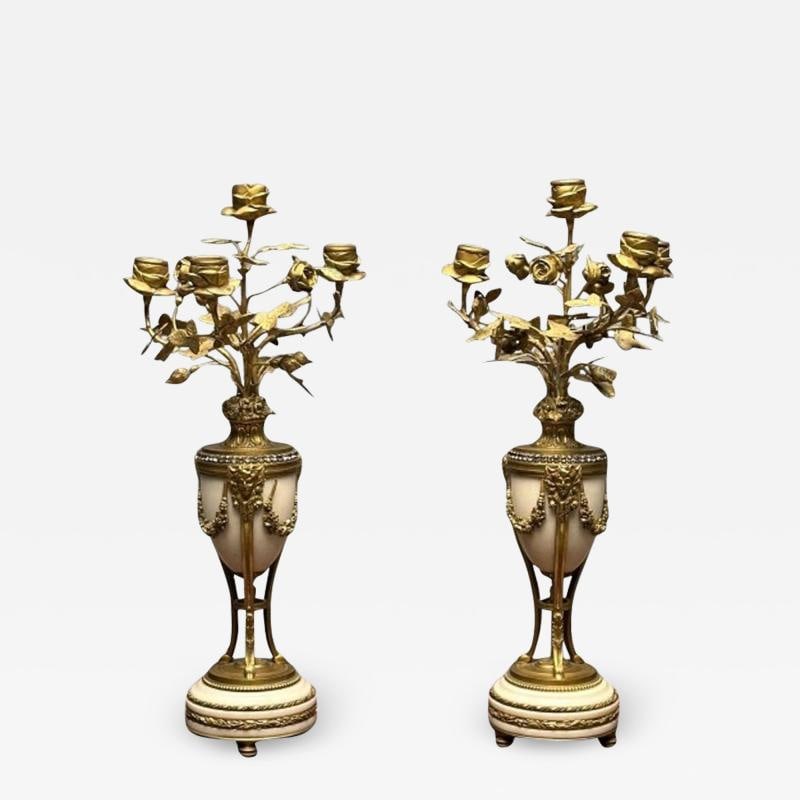 Pair of Louis XVI Style Bronze and Marble Four-Light Candelabra, Jeweled (1 of 12)