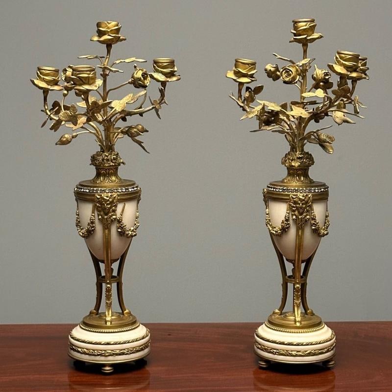 Pair of Louis XVI Style Bronze and Marble Four-Light Candelabra, Jeweled - 2