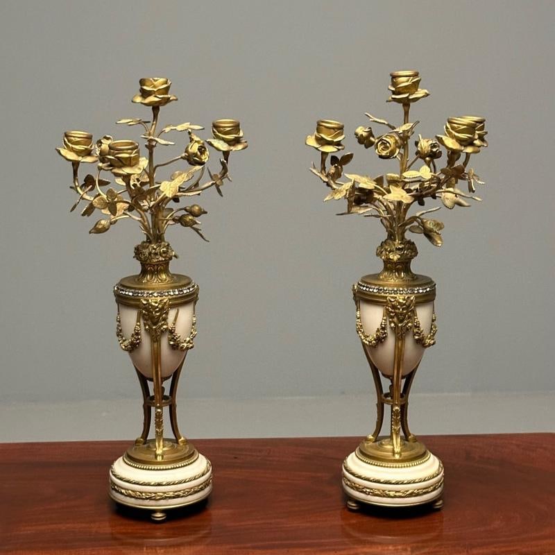 Pair of Louis XVI Style Bronze and Marble Four-Light Candelabra, Jeweled - 3