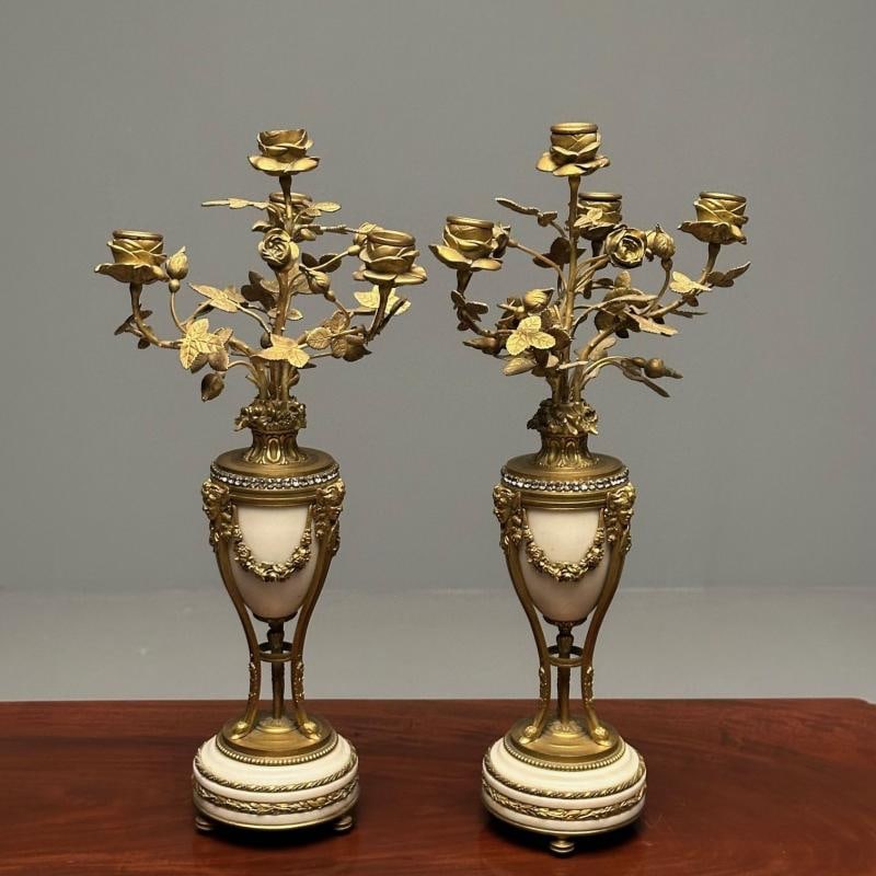 Pair of Louis XVI Style Bronze and Marble Four-Light Candelabra, Jeweled - 5